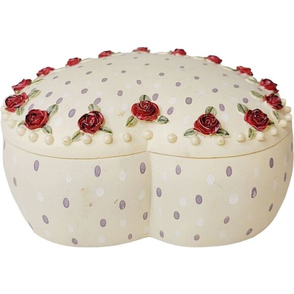 Vintage Large Heart Shaped Lidded Trinket Box With 3D Flowers Hand Painted - Picture 4 of 14